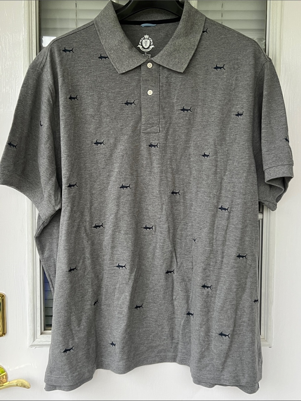 Roundtree & Yorke Grey Polo with Navy Shark Embroidery